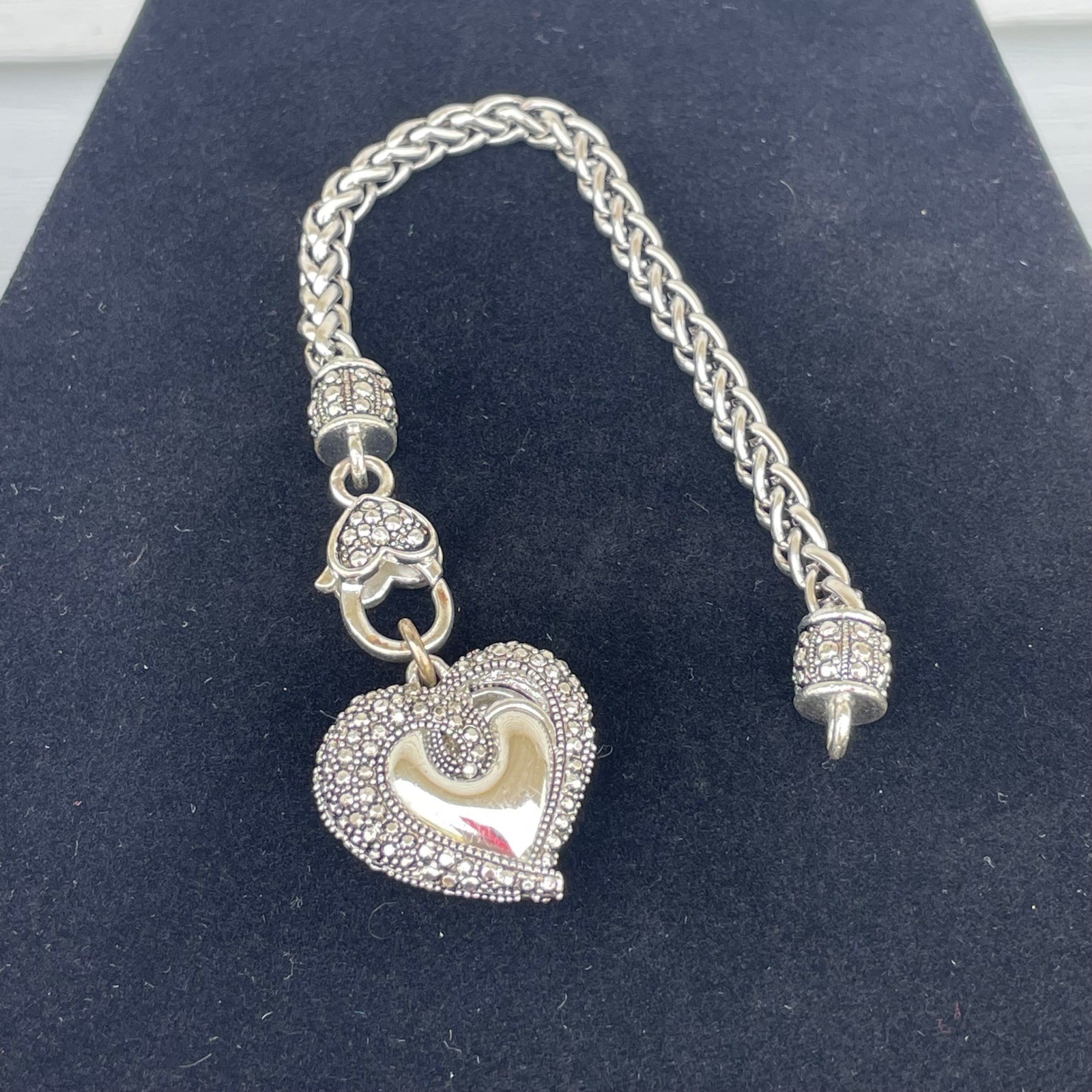 Brighton Heart Charm Wheat Chain Bracelet Silver Tone Ornate Braided 7.5 Inch