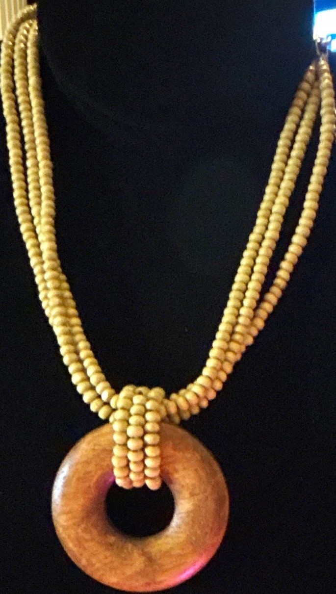 Multi-Strand Beige Brown Beaded Necklace Wood Round Ring Pendant Adjustable
