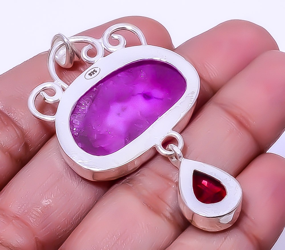 Purple Solar Quartz Eye & Tourmaline 925 Sterling Silver Pendant 2.15″ A330