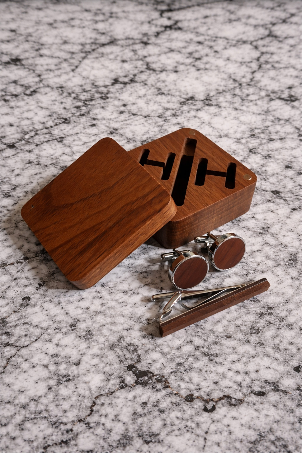Personalized Wooden Cufflinks & Tie Bar Set – Custom Monogram Gift for Men