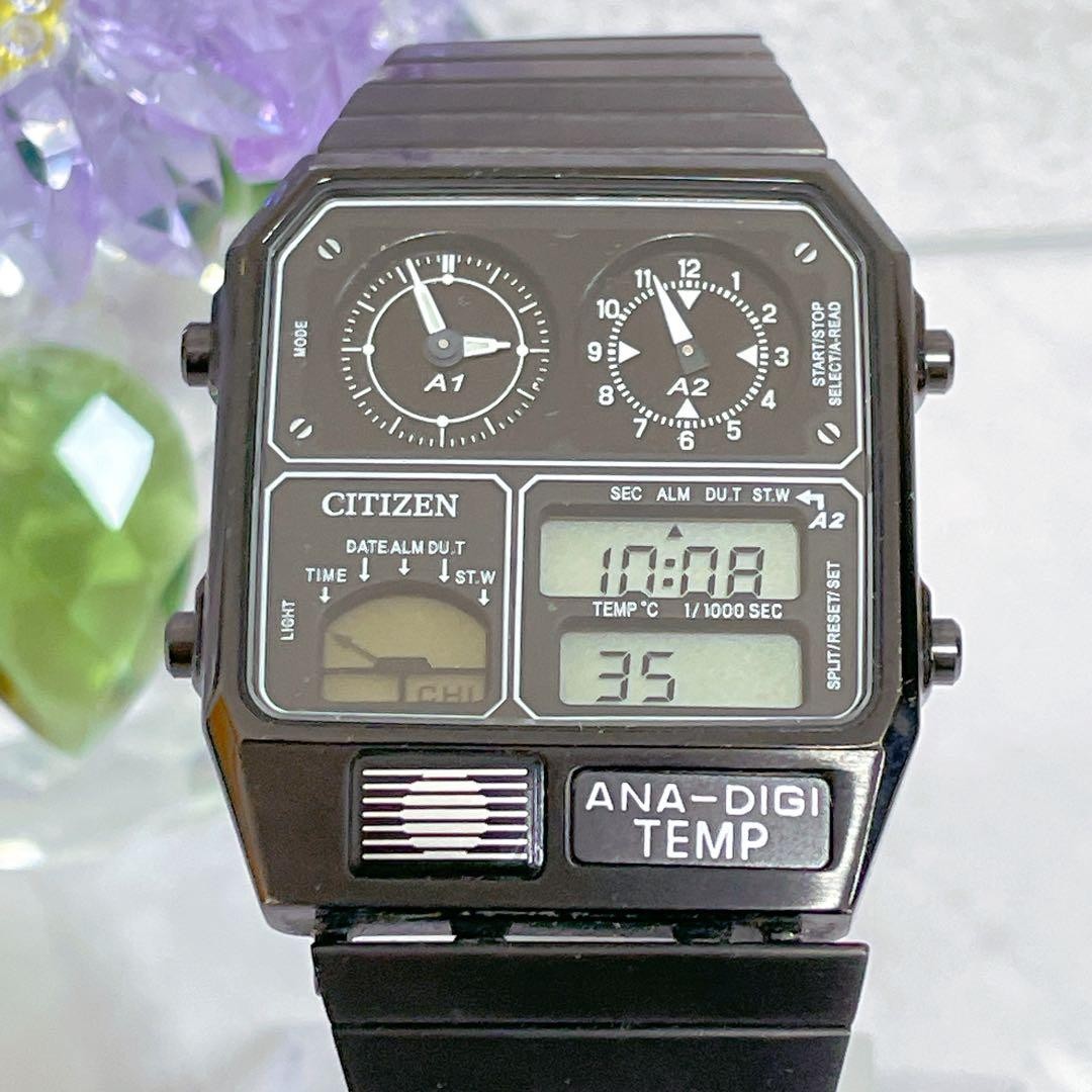 CITIZEN JG2105-93E ANA-DIGI TEMP Black Record Label Quartz Watch New Battery
