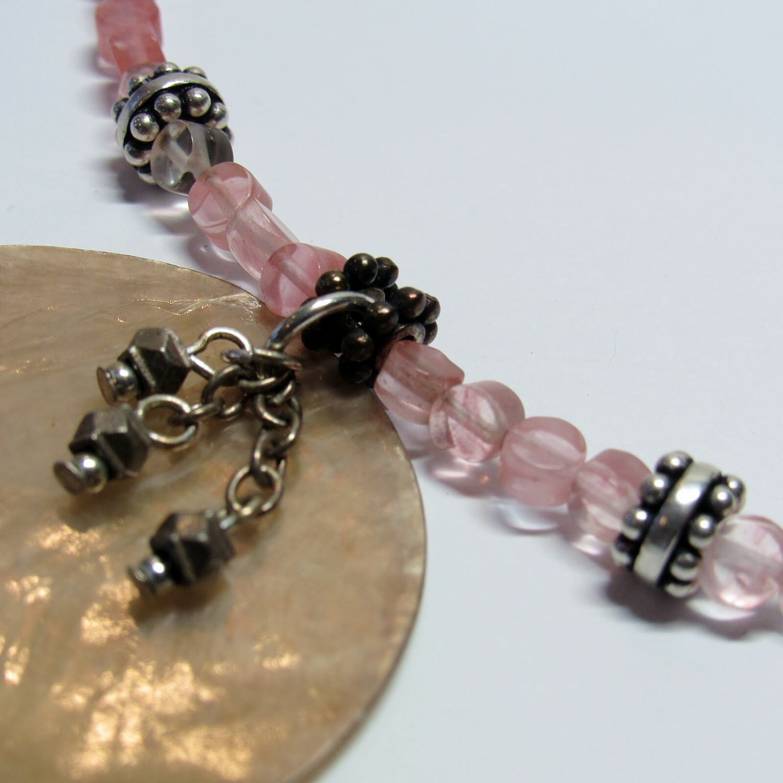 Sterling 925 Silver Adjustable Length Stone Shell Pink Tribal Beach Necklace