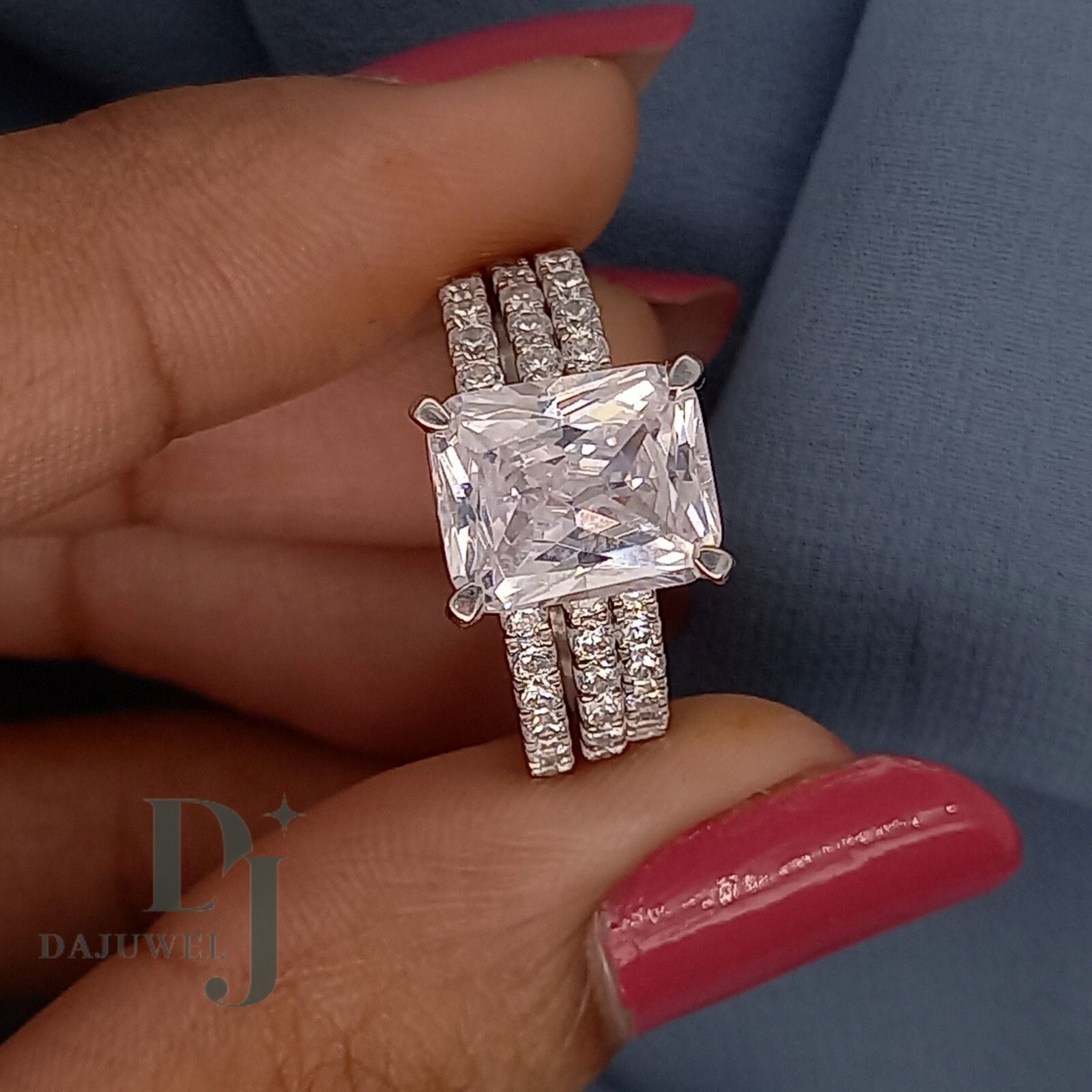 Trio Set Moissanite Engagemement Ring Solid 14K White Gold 3 Carat Radiant Cut