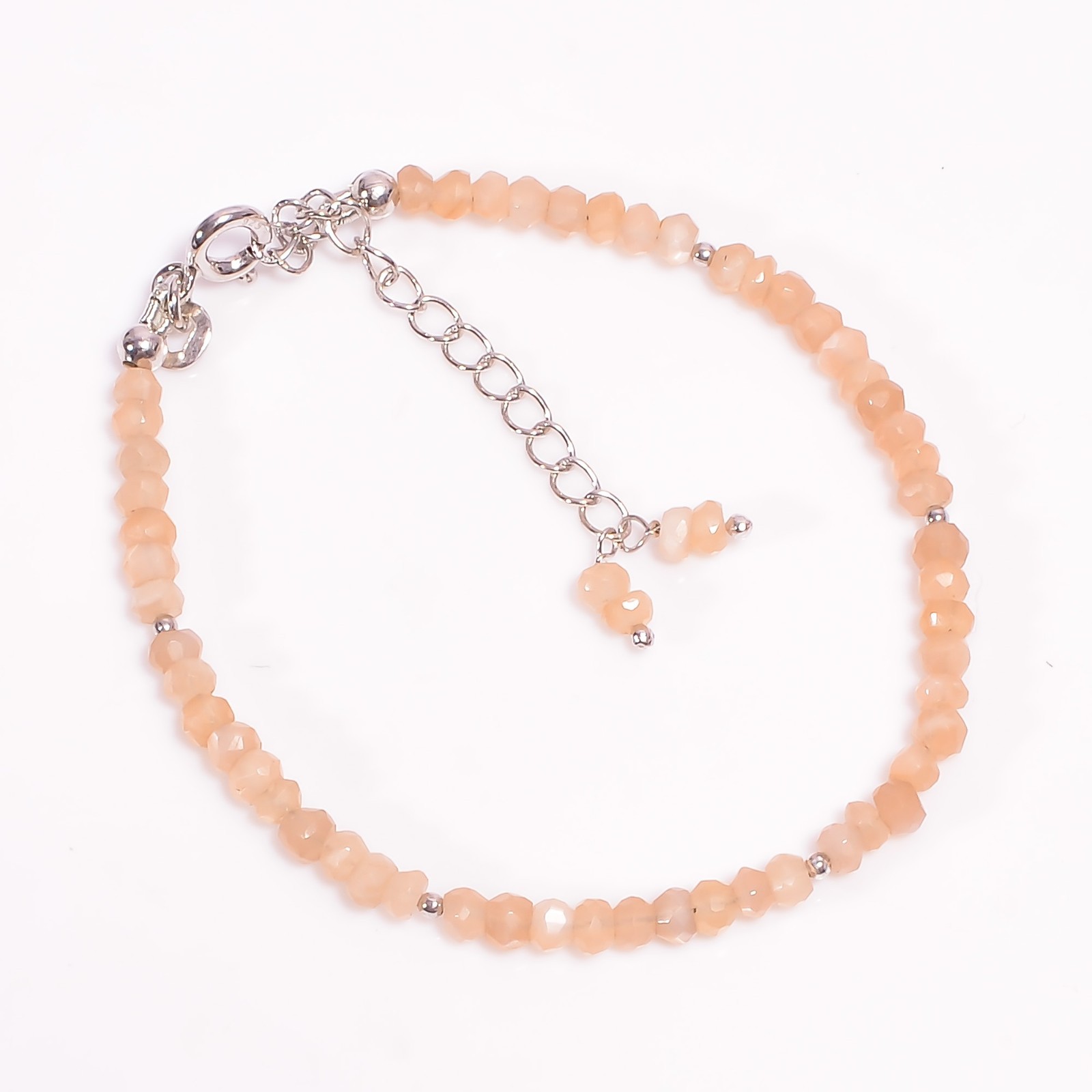 Natural Peach Moonstone 925 Sterling Silver Faceted Beads Bracelet 6-8″ P-922