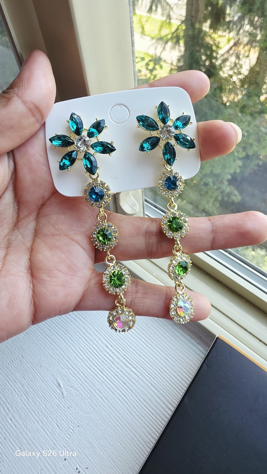 Blue and green crystal flower pendants in gold tone, 14k gold plated