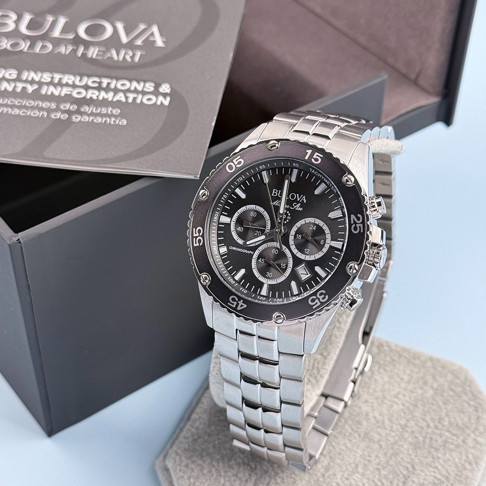 Men’s Bulova 98B401 Marine Star Chronograph Black Dial Quartz Watch 41.5mm