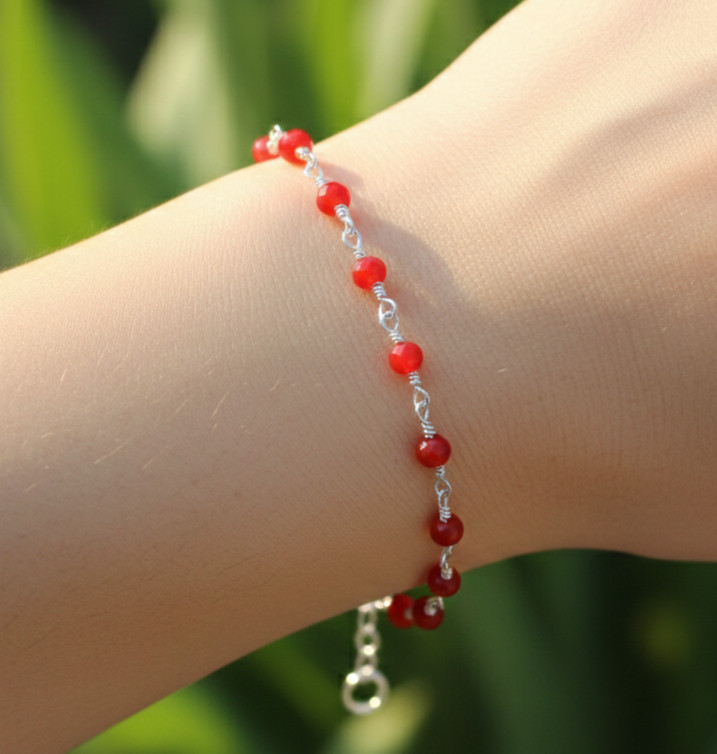 Handmade Silver Tone Minimalist Beaded Bracelet | Ruby Red Stone Brass Chain