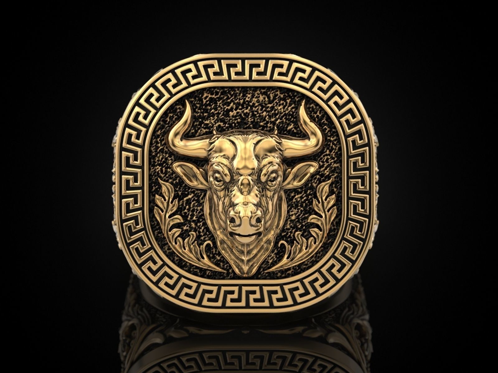 Oxidized Men’s Greek Ornament Pattern Bull 925 Sterling Silver Statement Rings