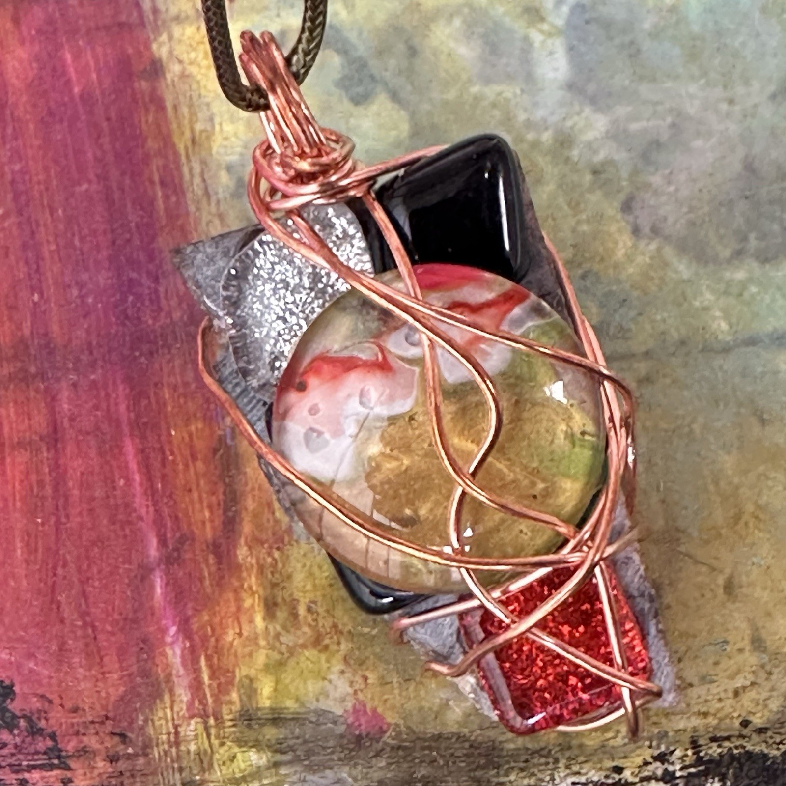 Pendant OOAK Handmade Artisan Wire Wrapped Glass And Stones 2204 S
