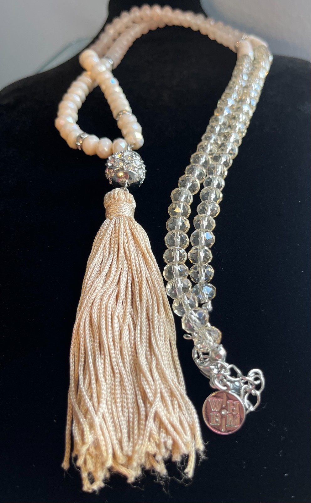 White House Black Market WHBM Long Tassel Necklace Pink Ombre & Crystal Beads