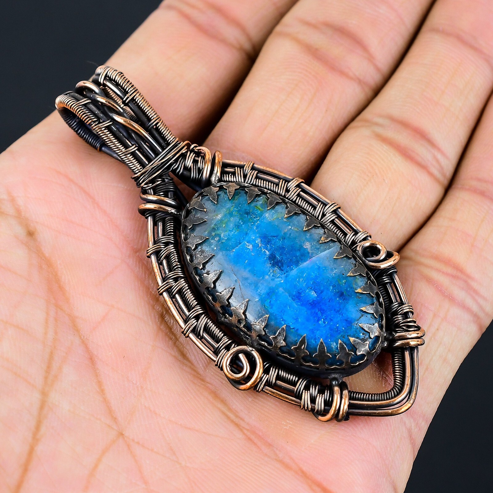 Neon Blue Apatite Handmade Gemstones Copper Wire Wrap Wedding Pendant Jewelry