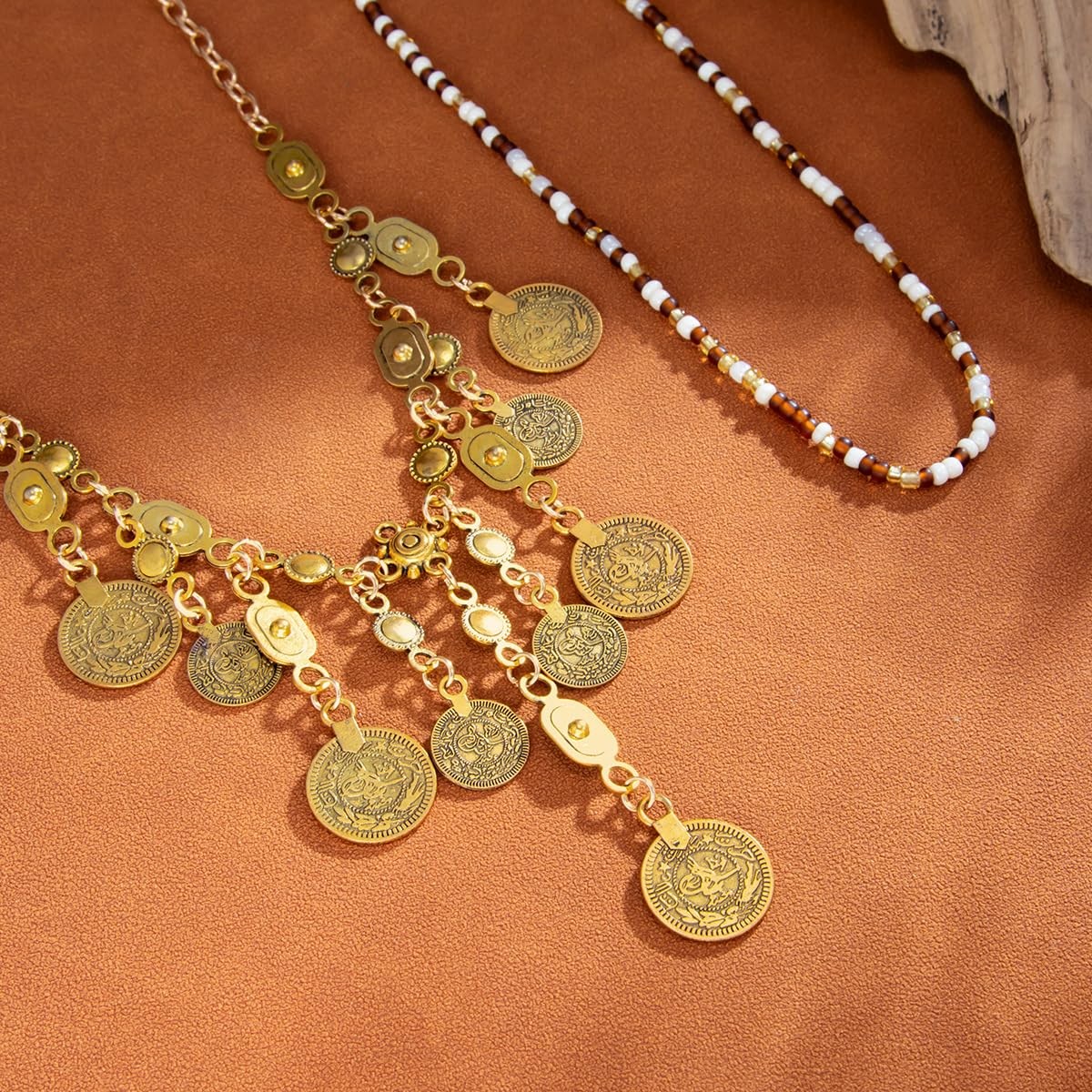 Layered Coin Pendant Necklace for Women, Gold Beaded Boho Statement Necklace,…