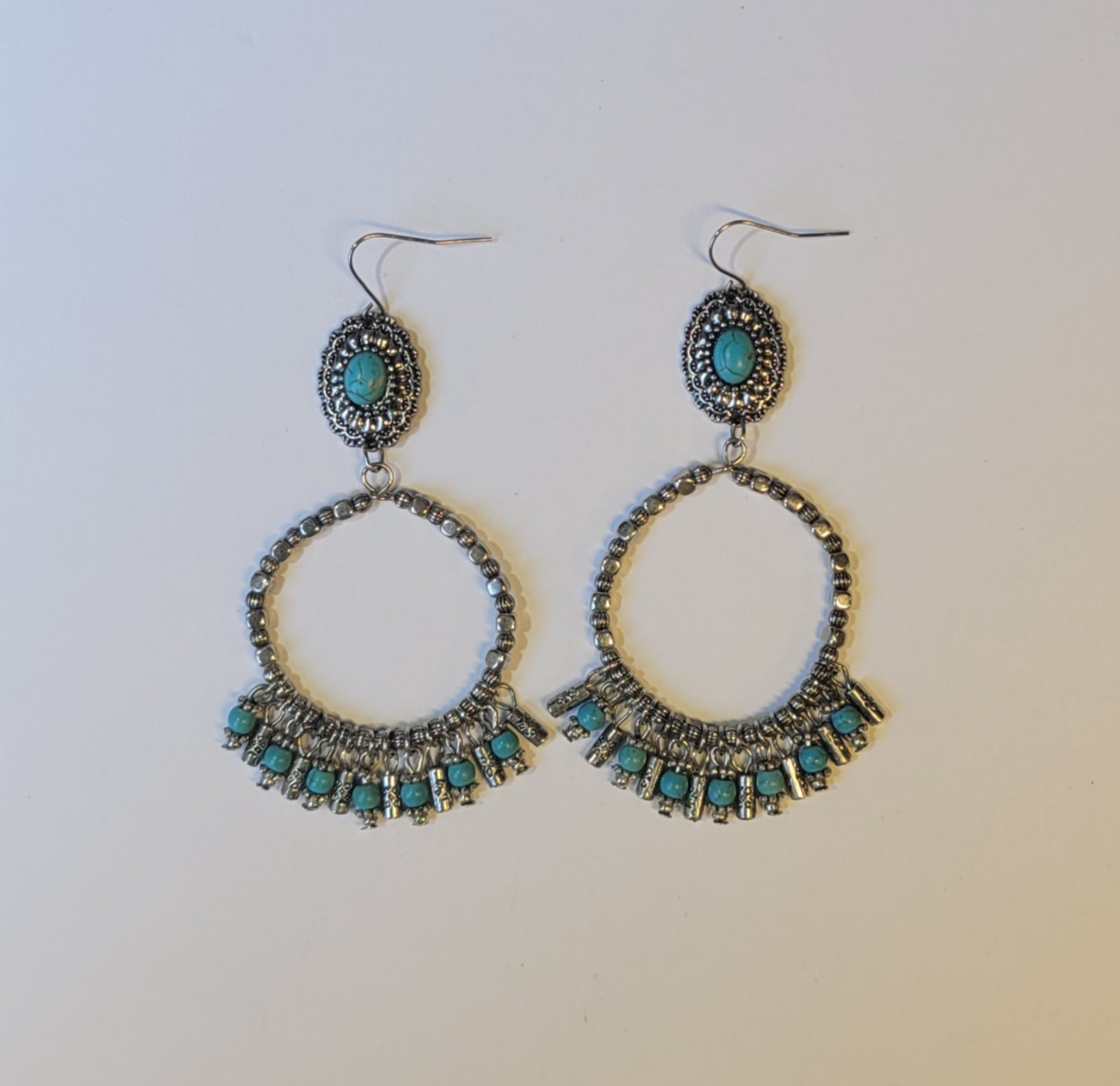 Western Silver Tone Concho Faux Turquoise With Dangling Hoop Pierced Earrings