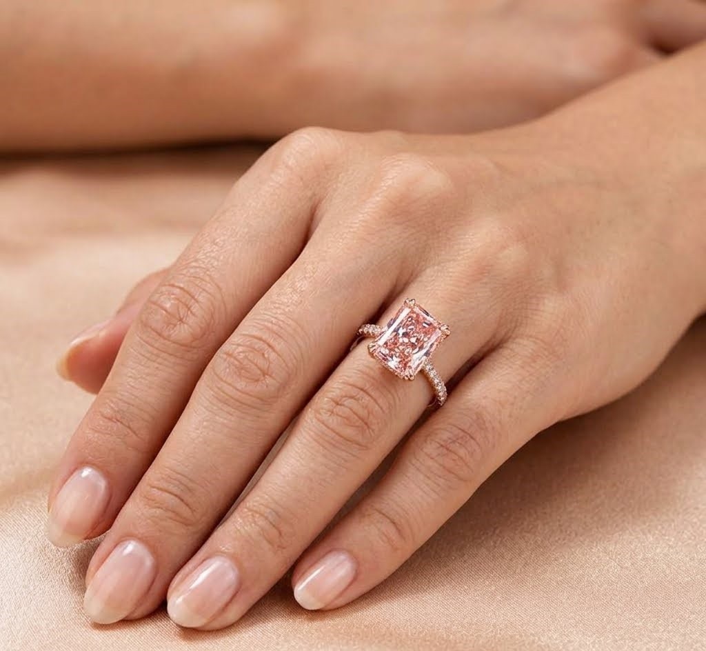 Diamond Ring 14k Rose Gold 5.35 Ct Radiant Cut Fancy Vivid Pink IGI Lab Grown