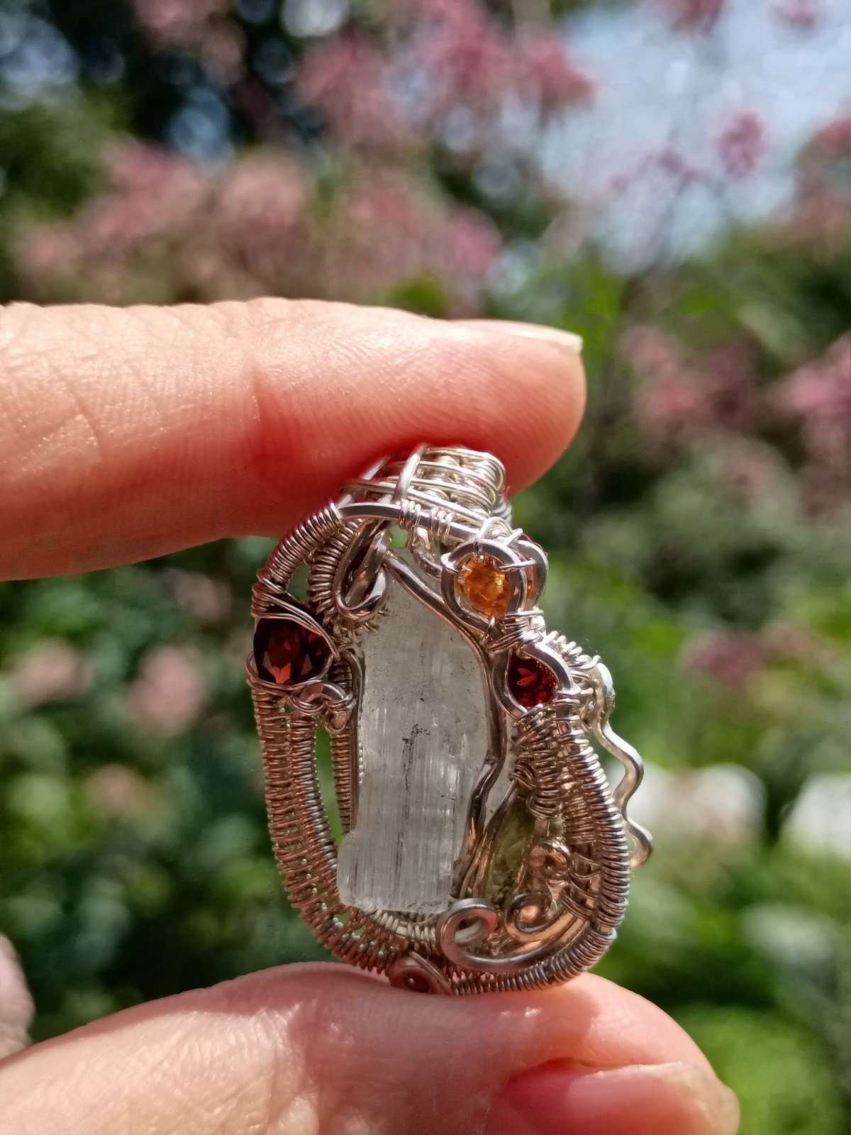 Handcrafted Wire Wrapped Aquamarine Crystal Sterling Silver Amulet Pendant