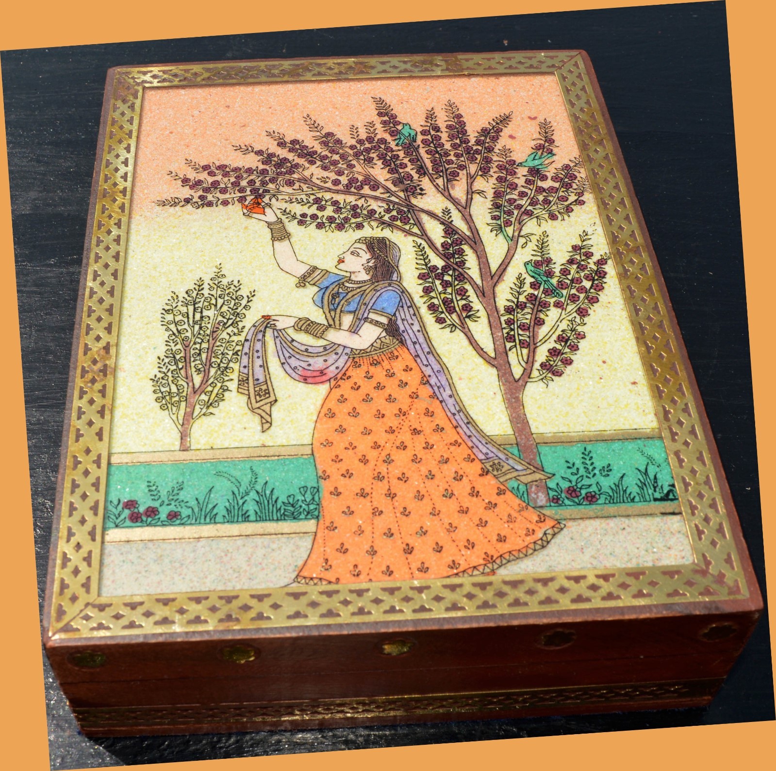 Jewelry Box with Glass Gem Stone Painting and Brass Border from India