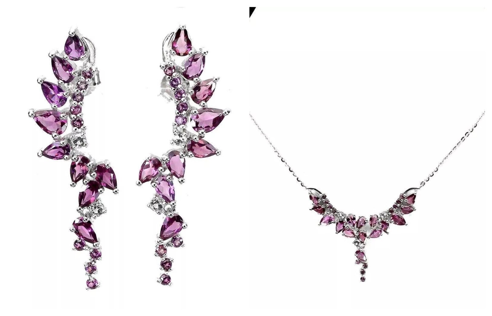 Silver Rhodolite Necklace Earrings Natural Gems Solid Sterling 17 to 19 Inch