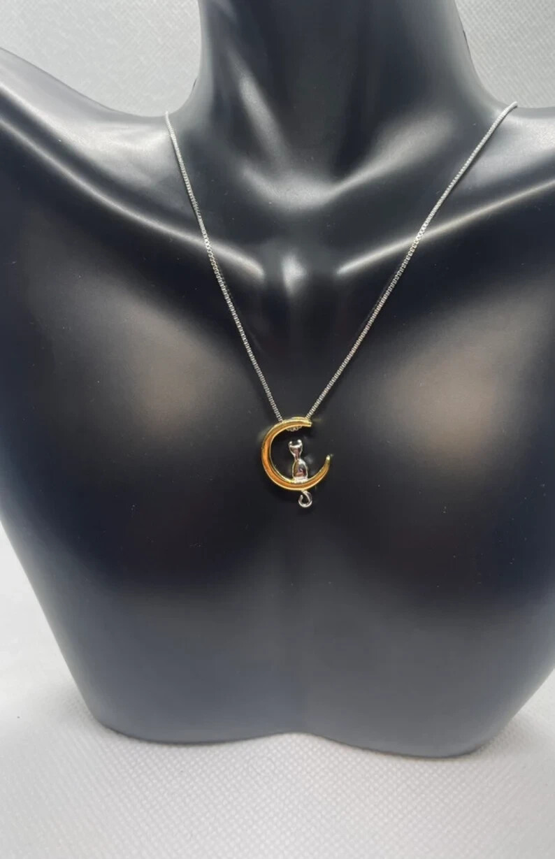 The Cat on The Moon Necklace two tone 925 sterling silver