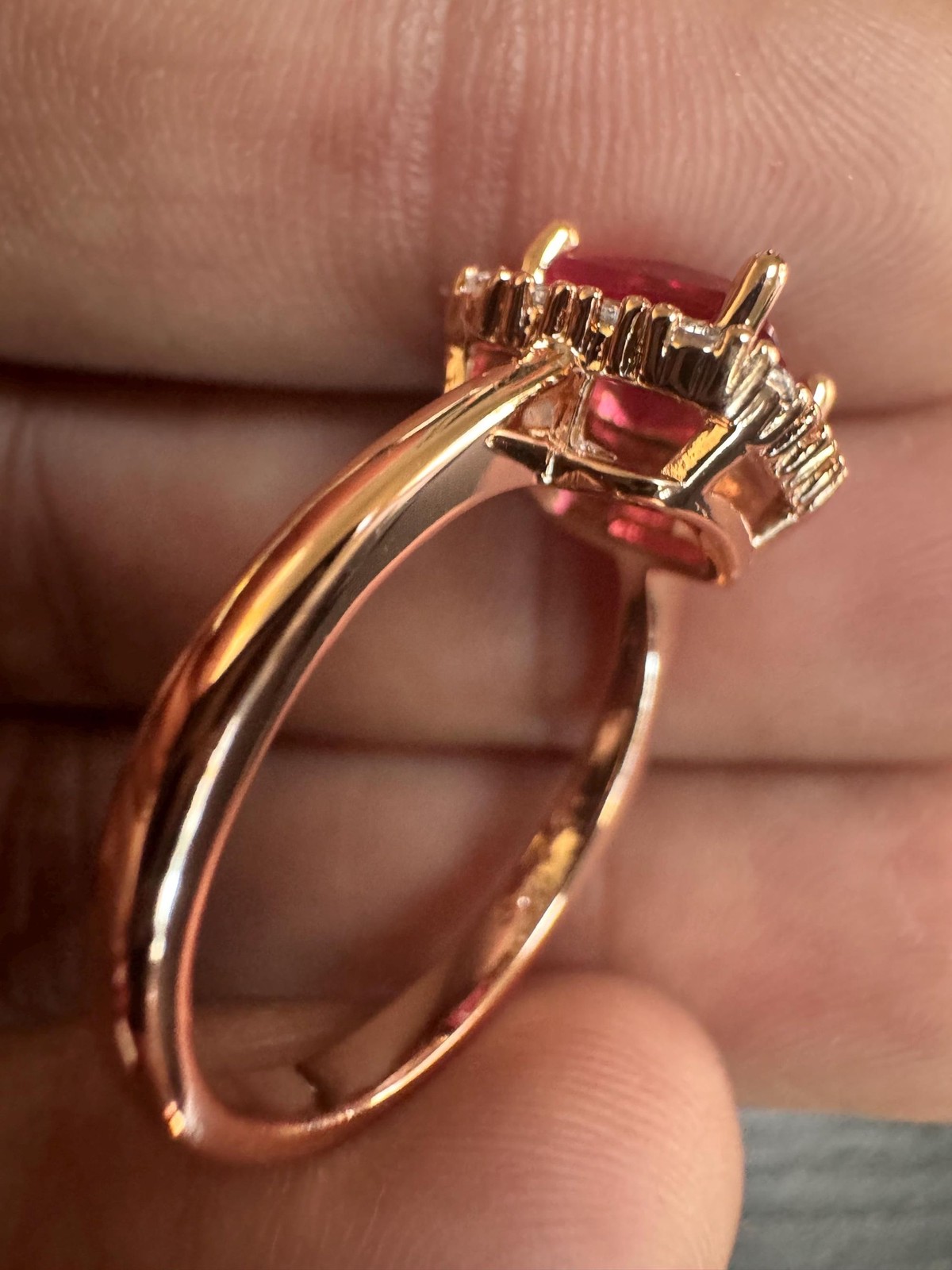 585 14K RG Rolled Gold Stamp Vintage Radiant Cut Pink Sapphire Halo Ring Size 7