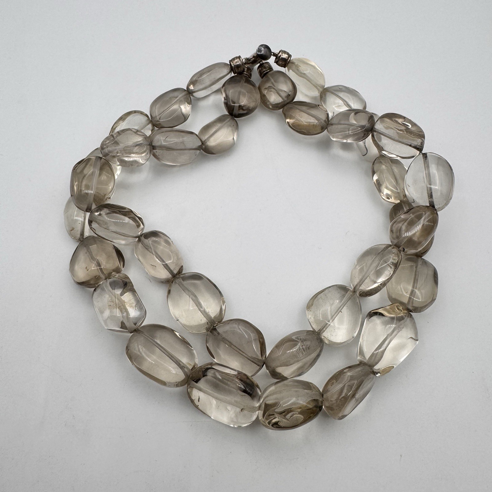 VTG Sterling Silver Light Smoky Quartz Heavy Double Strand Beaded Necklace 15″