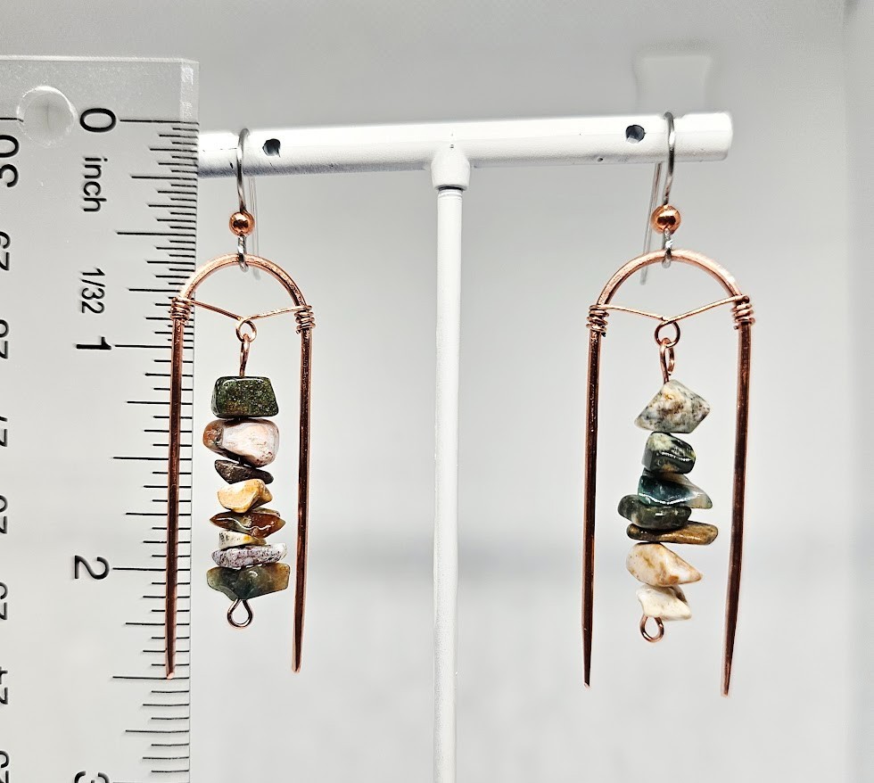 Handmade Ocean Jasper Chip Gemstone Earrings Copper Arch Boho Dangle