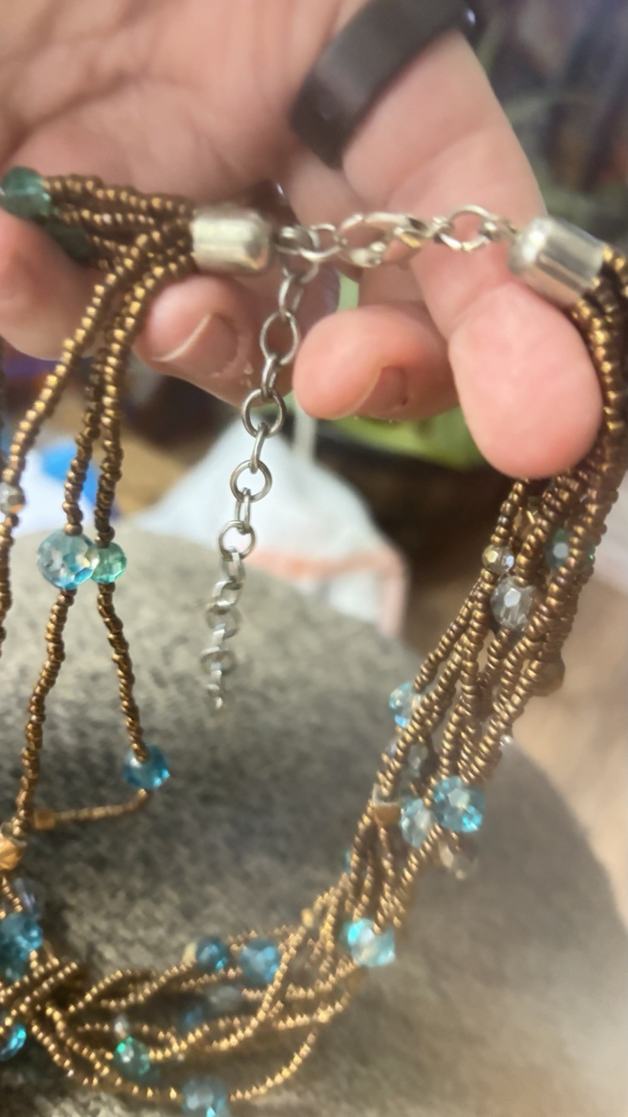 Boho Multi-Strand Bronze Beaded Necklace Swirl Glass Pendant Teal Accents