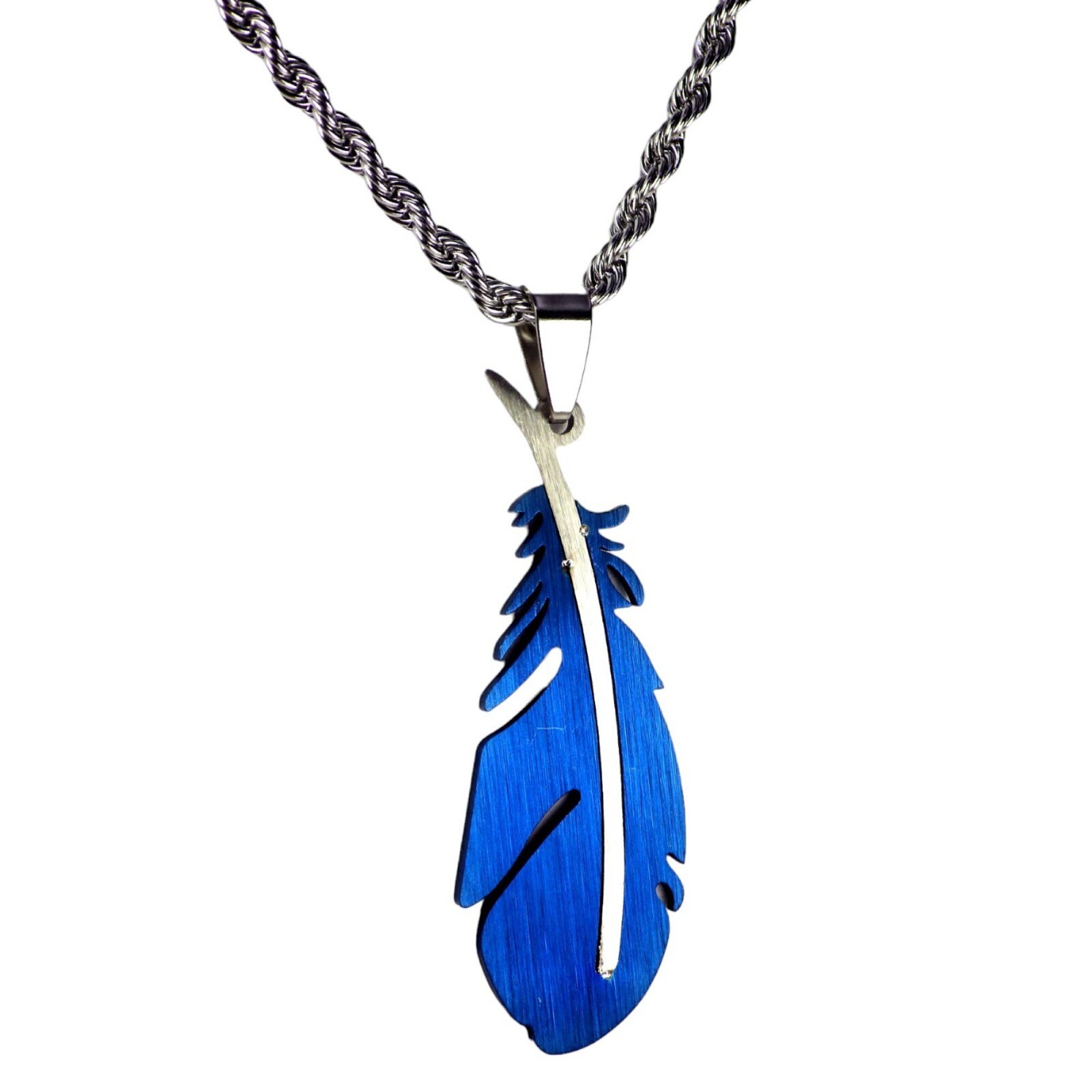 Blue Feather Necklace 316L Stainless Steel Bird Falcon Crow Raven Pendant Chain