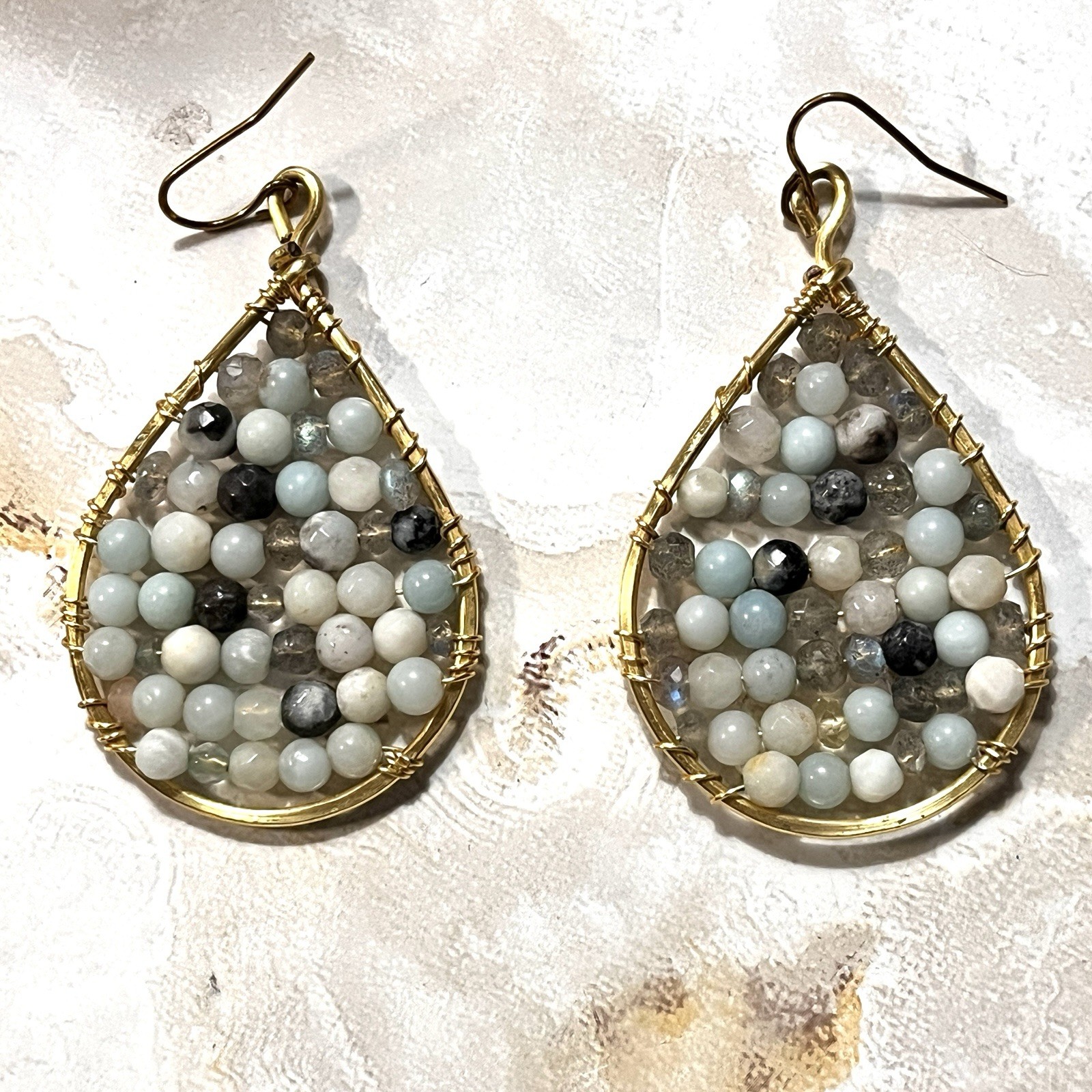 Goldtone Wire Wrapped Round Stones in Teardrop Earrings 1 1/4″ x 2 1/8″ Dangles