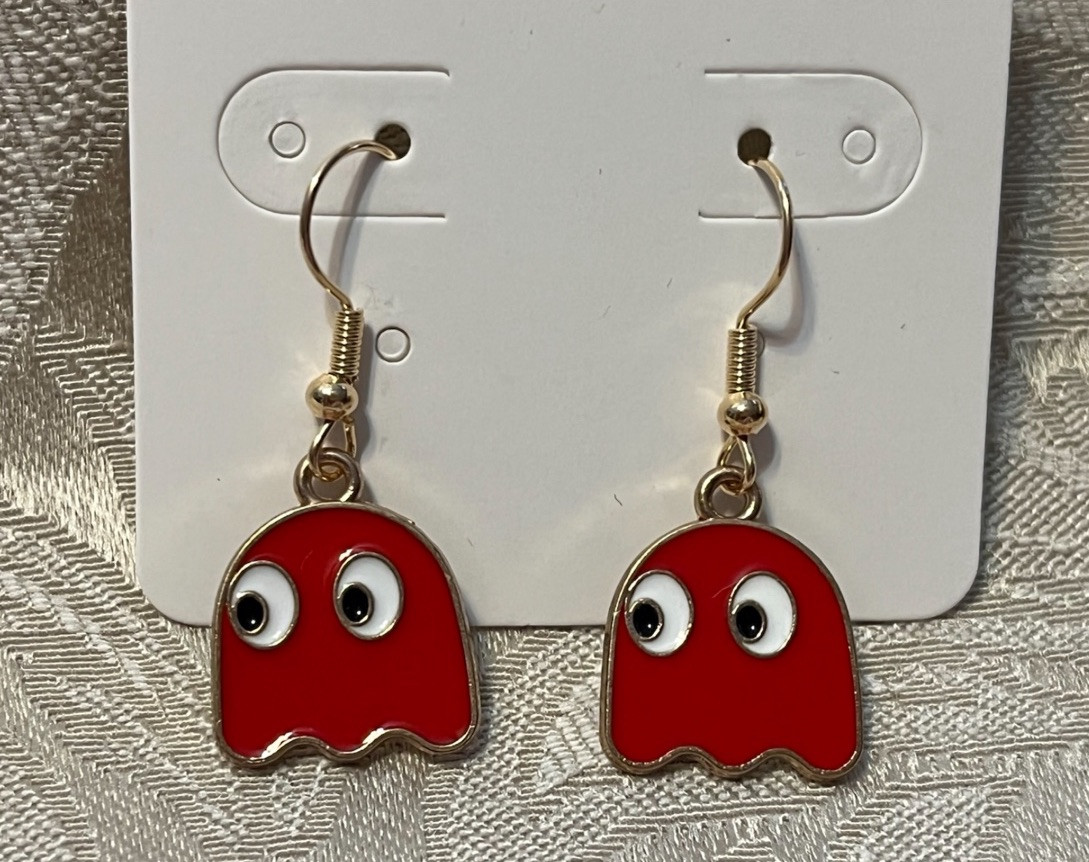 PAC Man BLINKY RED Ghost Gold Loop Enamel Drop Dangle Adorable Earring Set