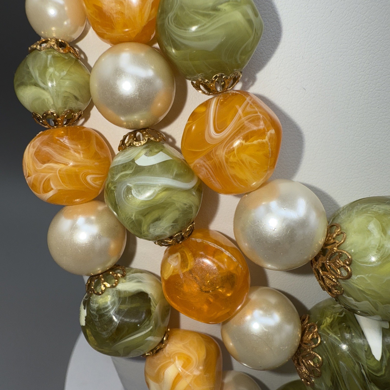 Vintage 3 Strand Yellow Green Pearl Lucite Acrylic Necklace 14”,16”,18” Loose