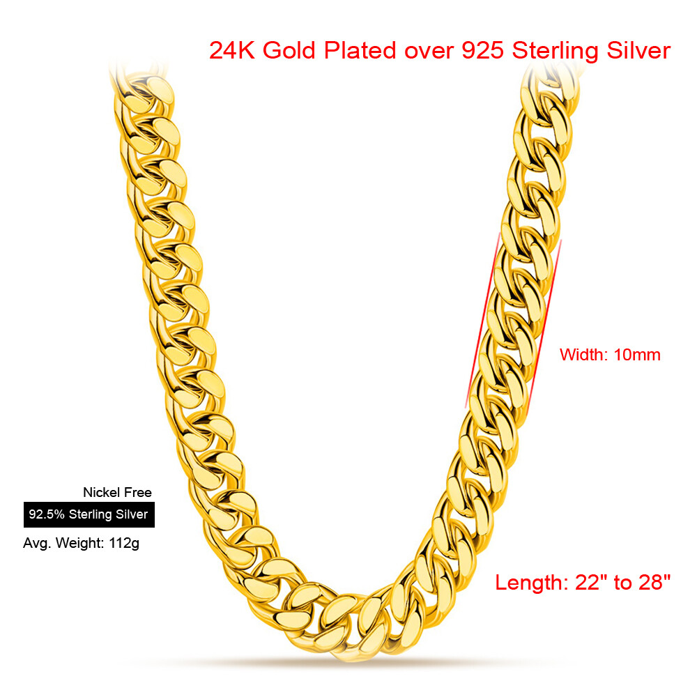 24K-GP 925 Sterling Silver Miami Cuban Chain Curb Link Necklace 10mm 22″-28″ Men