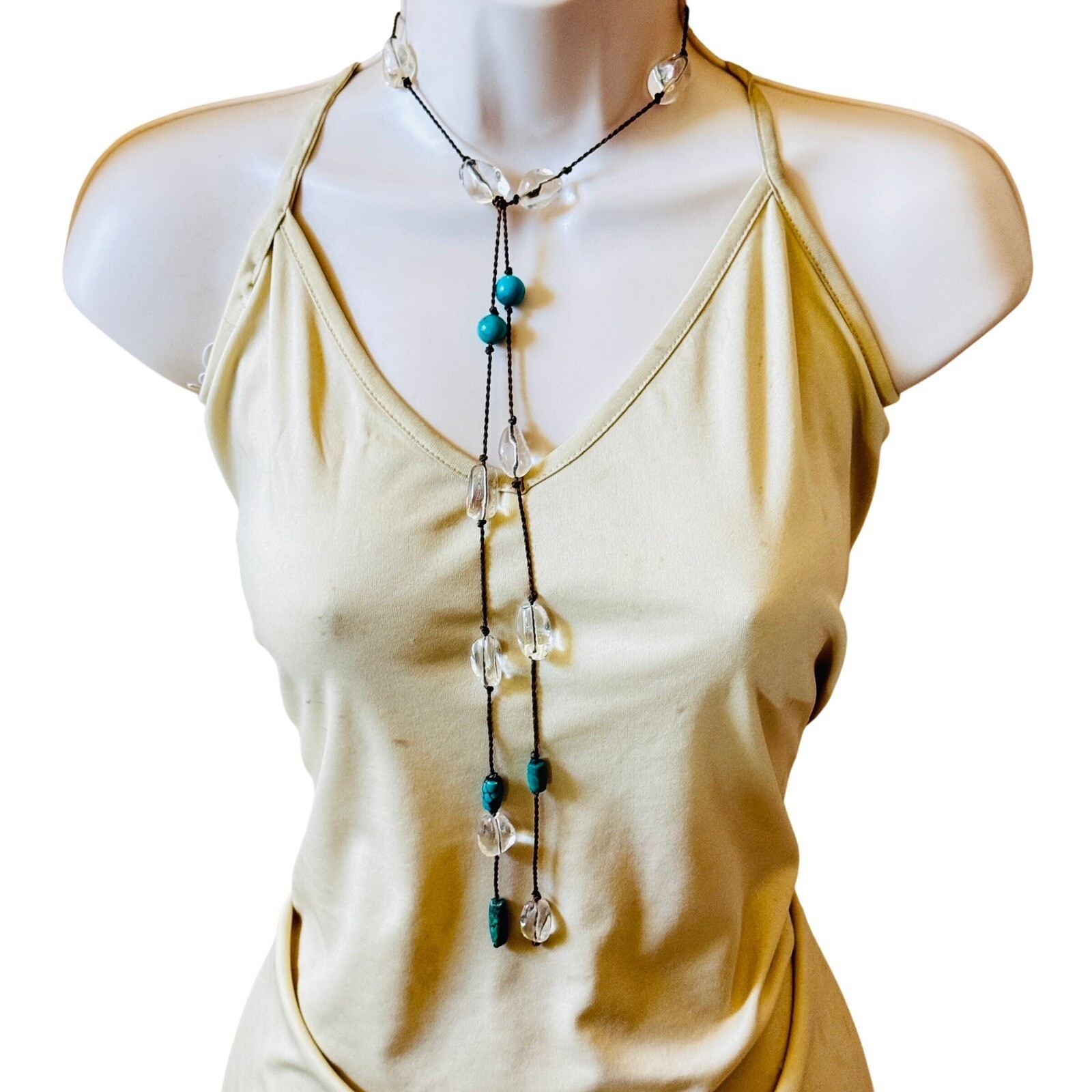 Necklace VTG Natural Turquoise Rock Crystal Quartz Beaded Wrap BOHO multi use