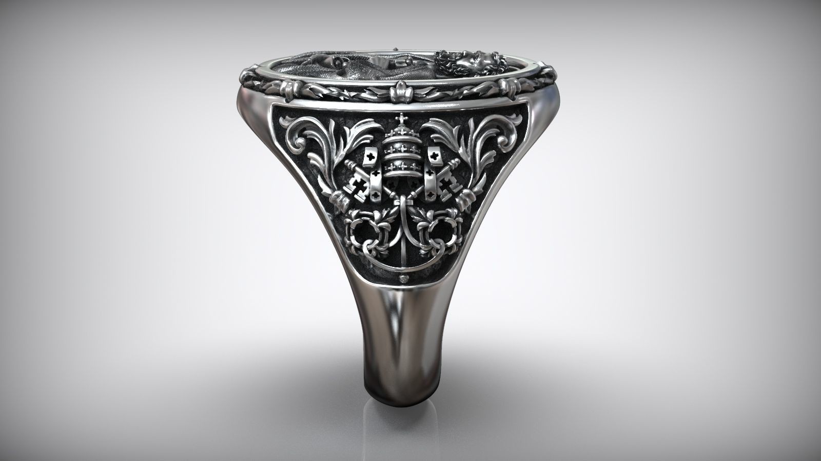 Oxidized Mens Saint Peter Apostle Keys Of Heaven Shield Christian 925Silver Ring