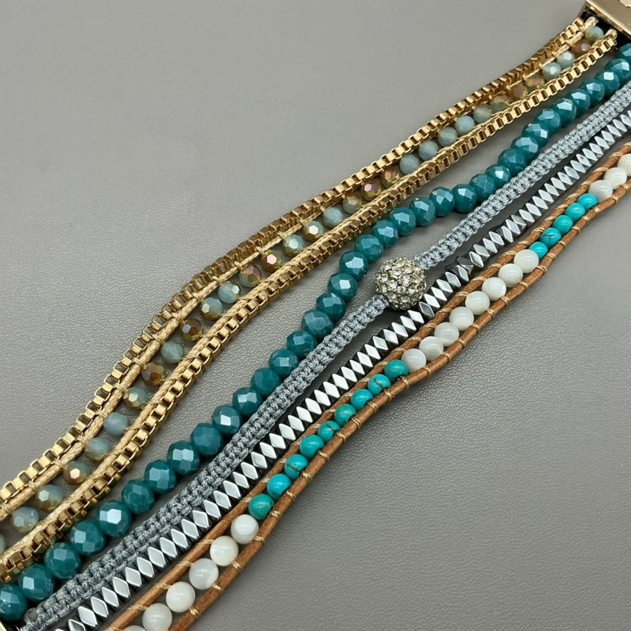 Victoria Emerson Bracelet Multi Strand Teal Beaded Crystal Leather Magnetic 7.5″