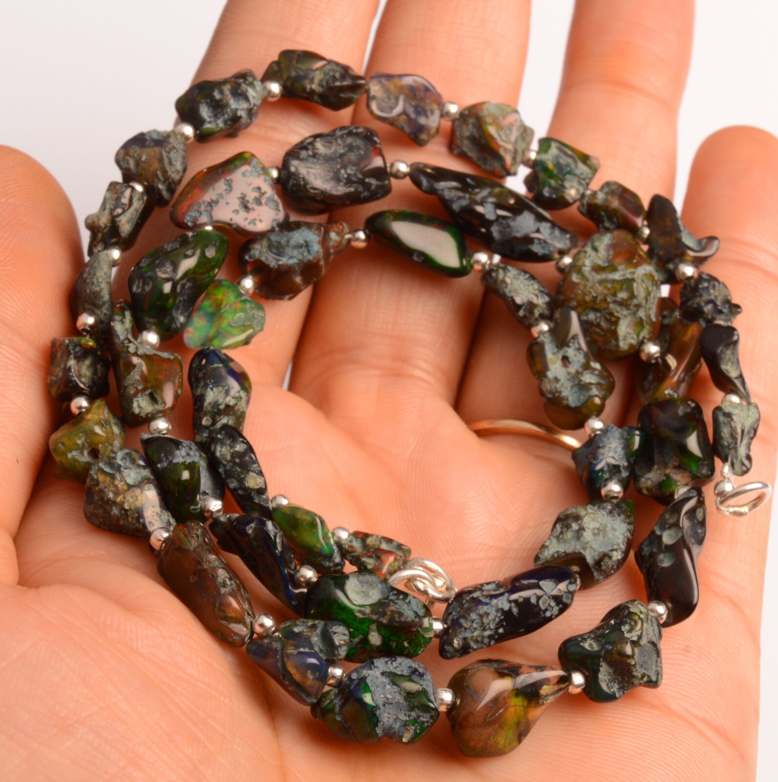 Natural Gem Welo Black Fire Opal 7 to 13 mm Rough Nugget Beads 20″ Necklace