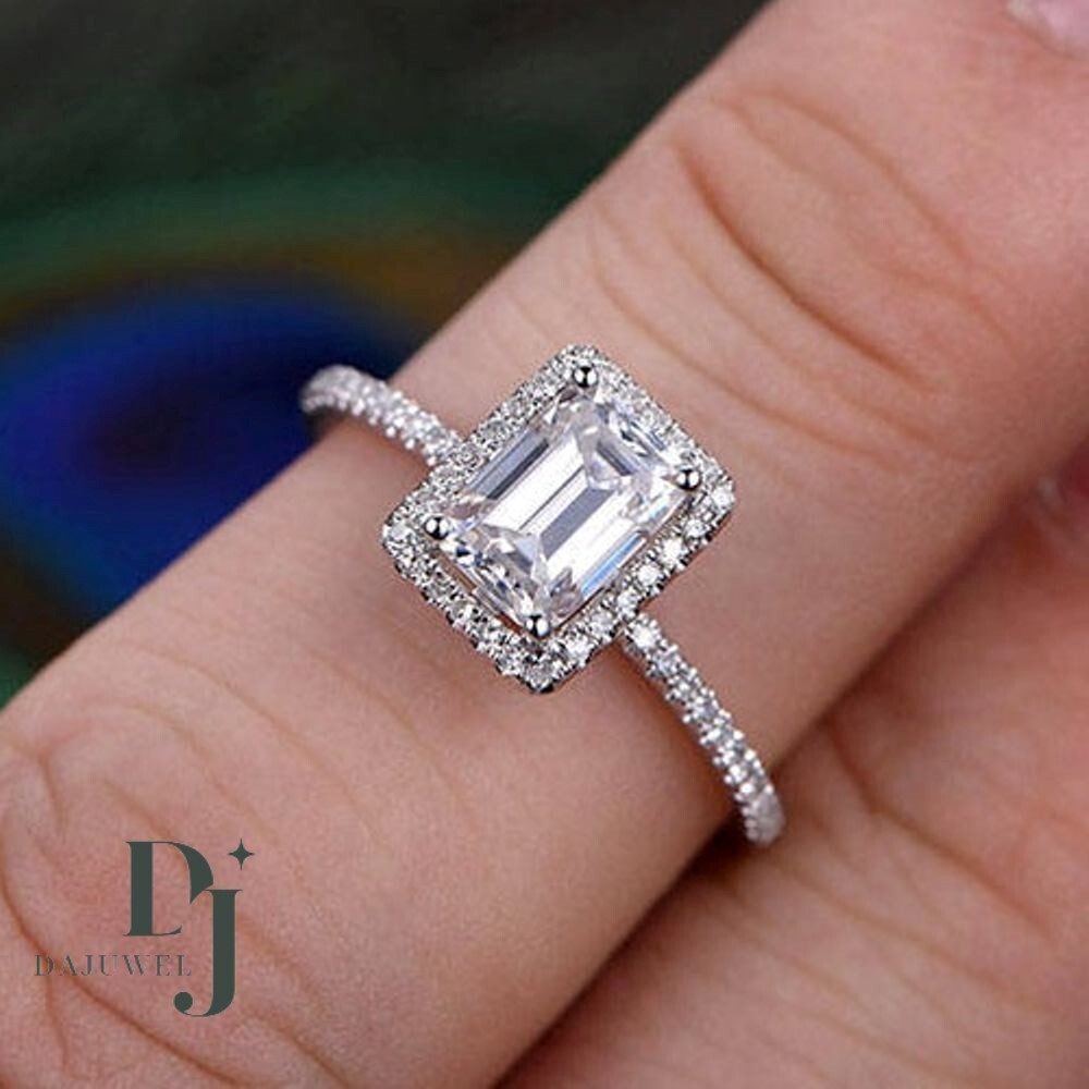 Moissanite Halo Engagement Ring Solid 14K White Gold 2.50 Carat Emerald Cut VVS1