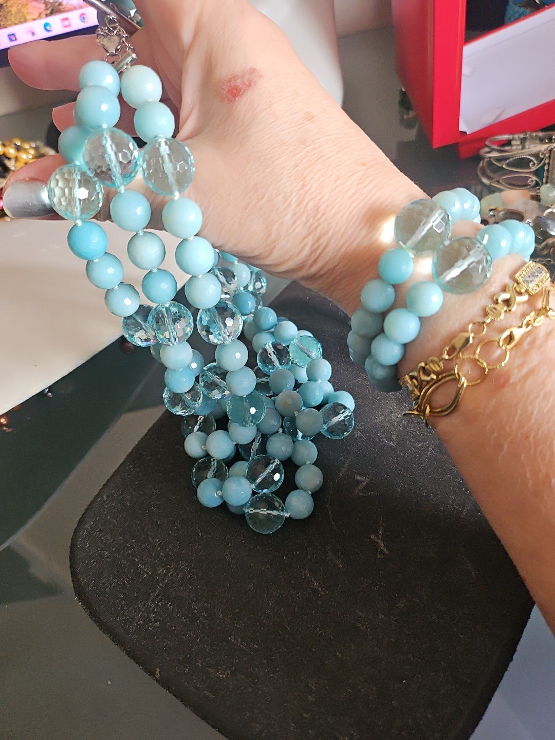 LP Genuine Stones Amazonite Bids & Blue Topaz 3 Strands Silver 925 Necklace 22″
