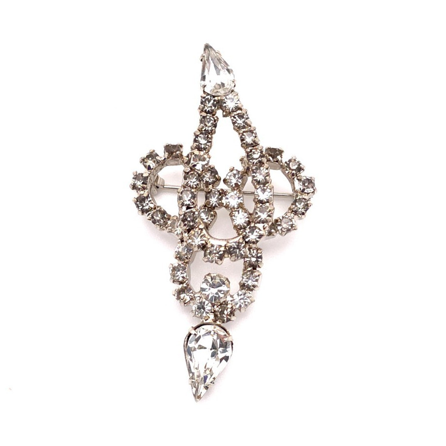 Vintage Silver Tone Clear Teardrop Rhinestone Asymmetrical Brooch Pin, 1.5″ Long