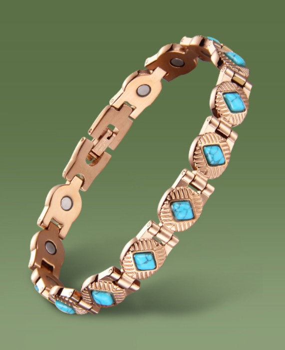 Rose Gold Plated Stainless Steel Link Magnetic Bracelet With Turquoise Stone