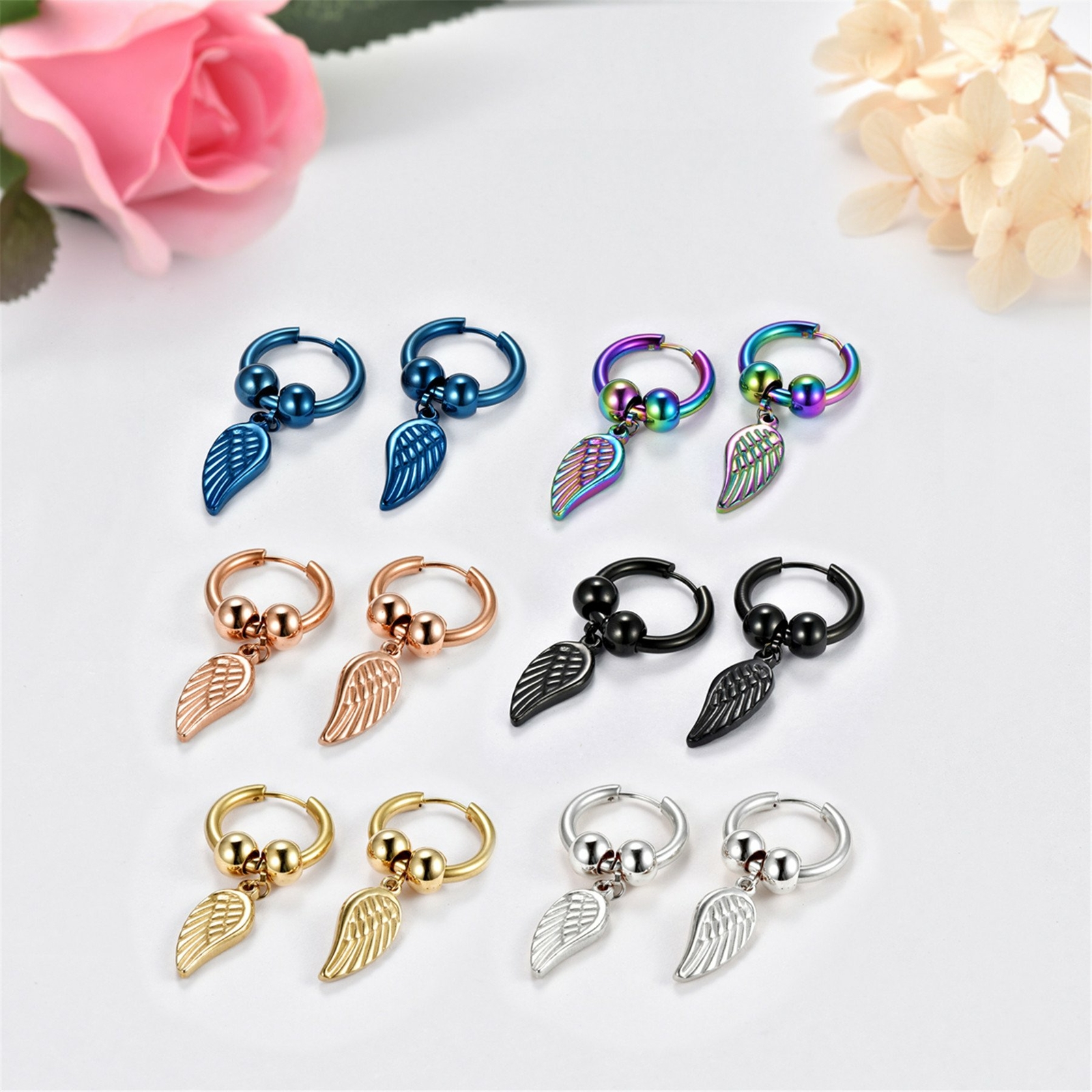 Unisex Stainless Steel Feather Drop Dangle Hoop Huggie Stud Earrings Mens Womens