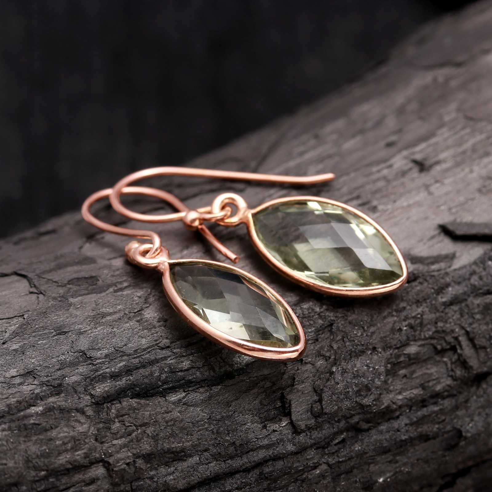 Natural Green Amethyst Marquise Earrings Rose Gold Plated Solid Silver Jewelry