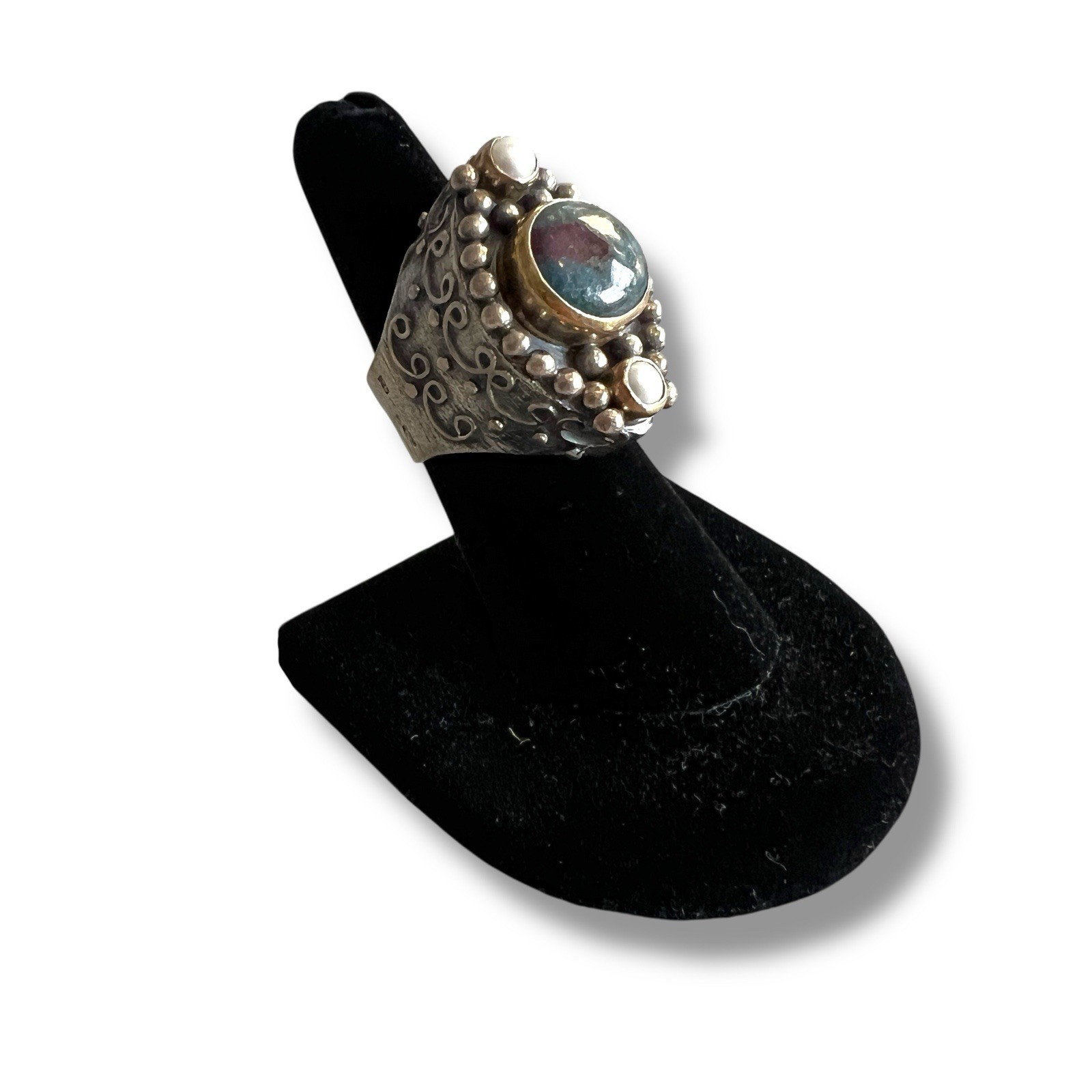 Bali 925 Sterling & 22K Gold Watermelon Tourmaline Moonstone Artisan Ring Sz 7
