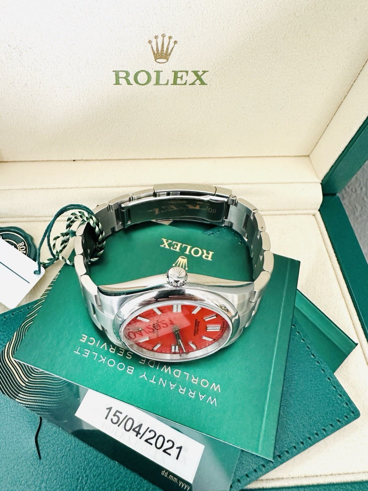 Men’s Rolex Oyster Perpetua1 41mm Ref 124300 Factory Coral Red Dial ~Box & Paper