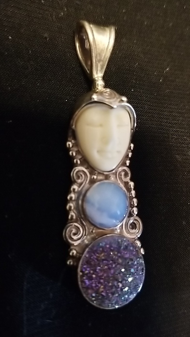 Sajen Silver Sleeping Goddess Pendant, Drusy, Gemstone, Bone, Sterling, 2 Inch