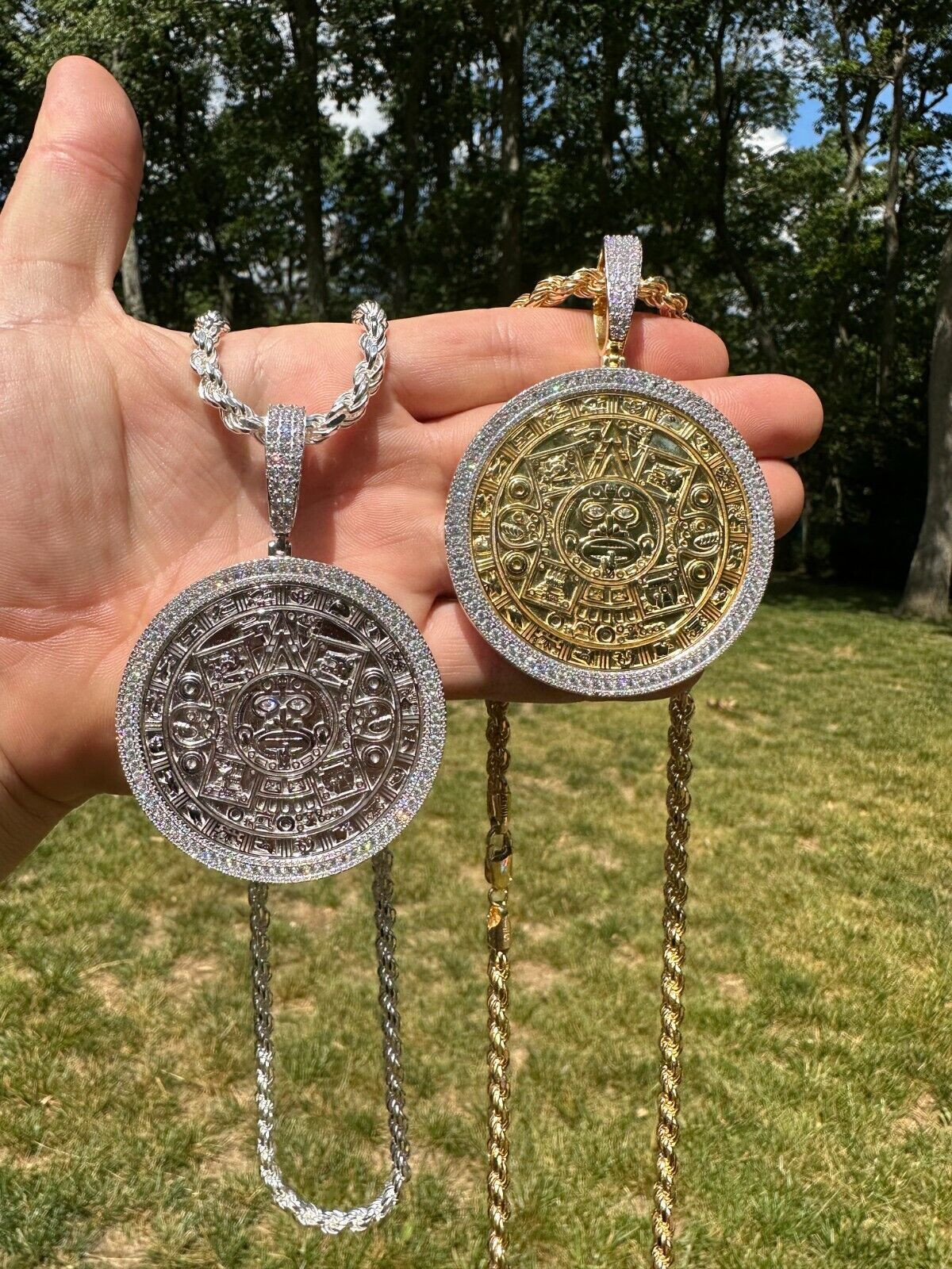 HUGE Moissanite Aztec Calendar Mayan Sun God Iced 925 Silver Pendant Necklace