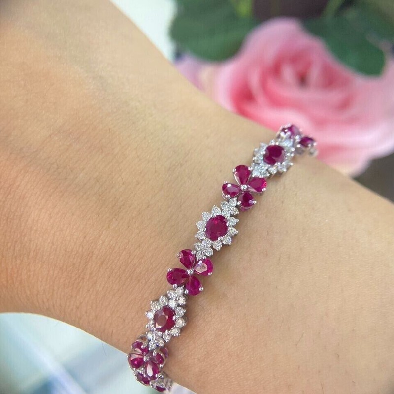 25.20 Ct Oval Cut Ruby & Moissanite Tennis Bracelet 14k White Gold Over