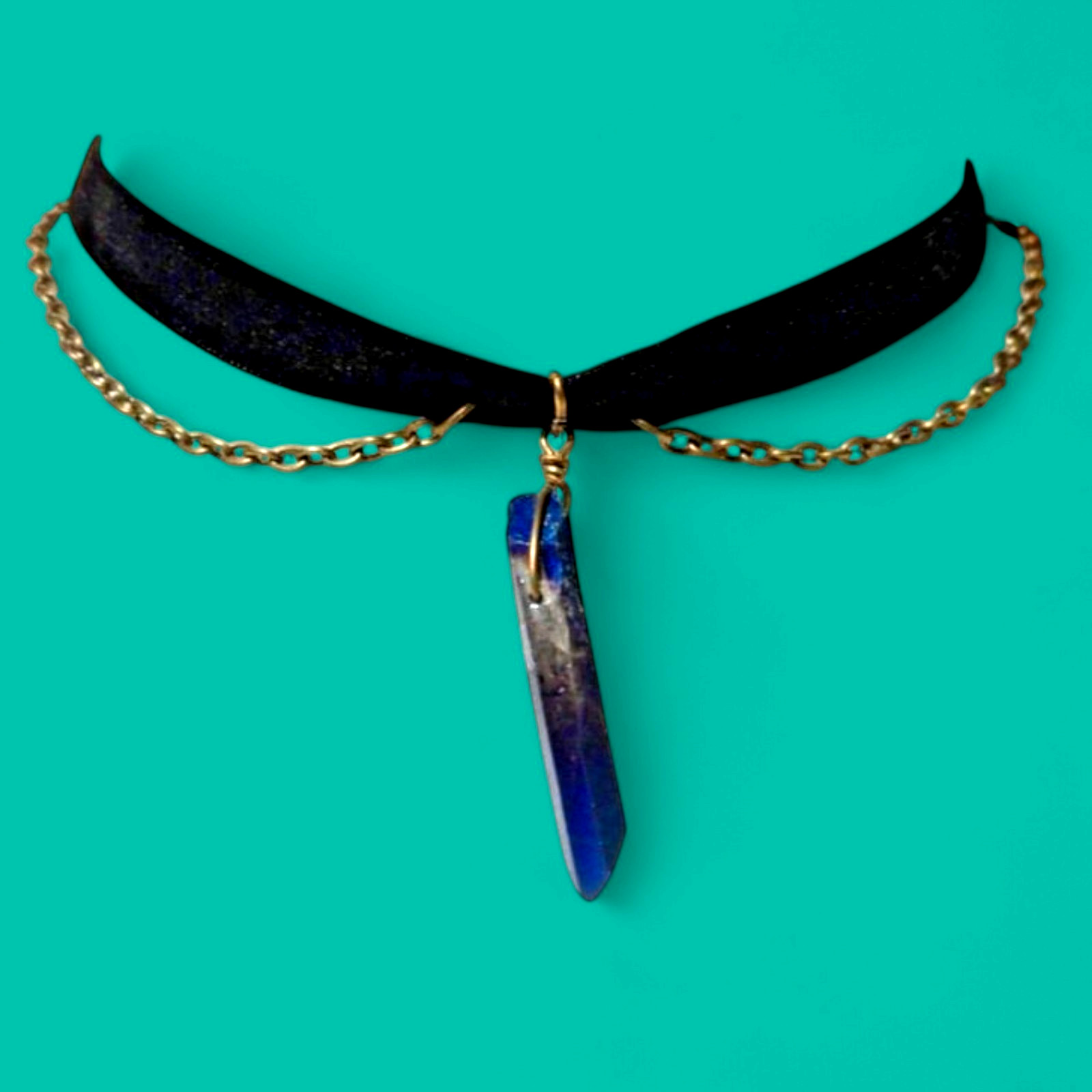 BLACK VELVET BLUE IRIDESCENT CRYSTAL CHOKER bronze chain necklace quartz goth Q6