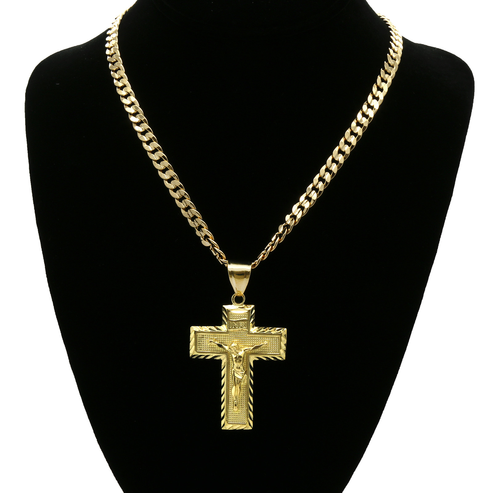 Men’s 18k Gold Plated JESUS CROSS (L) Hip-Hop Pendant 6mm Cuban Chain Necklace