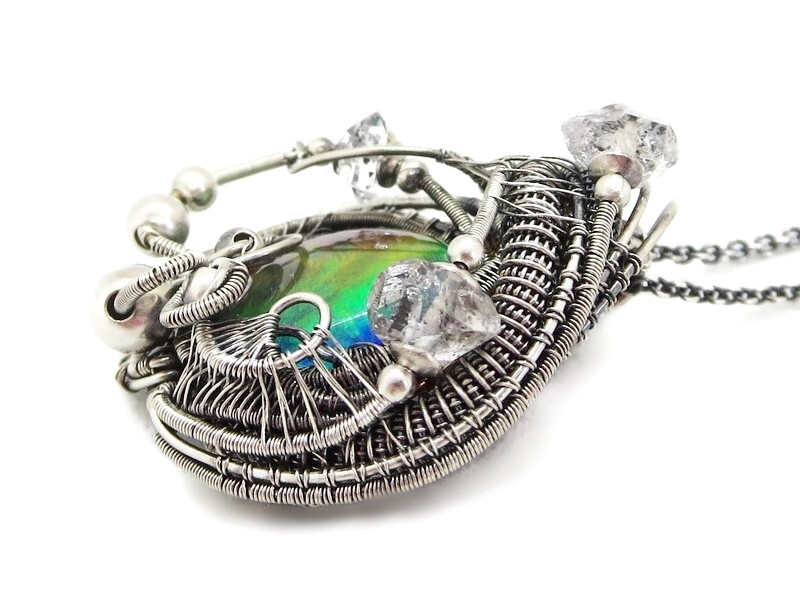 Aurora Opal Wire-Wrapped Pendant in Sterling Silver with Herkimer Diamonds