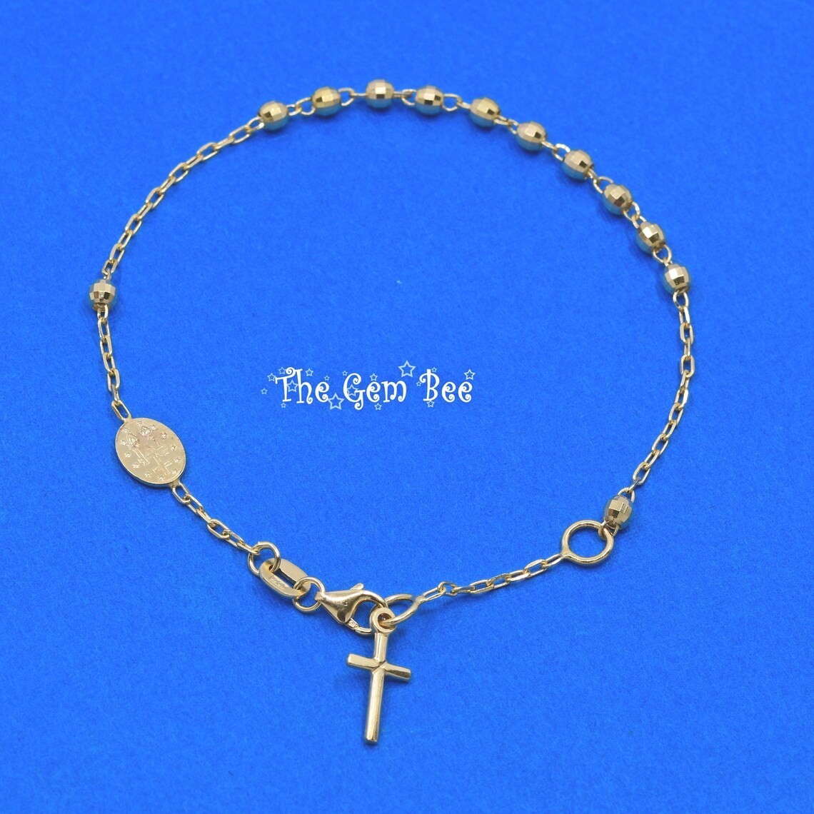 14K Yellow White Bi-Color GOLD Rosary Cross Beaded Chan Bracelet 6 7 inch adjust